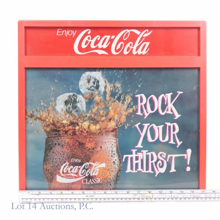 Coca-Cola Rock Your Thirst Moving Light Sign: Coca-Cola light up "Rock Your Thirst" animated / moving sign. This sign has been tested and works. 17-1/2 x 16-5/8 x 5-1/4". Manufactured by Worldwide Company.