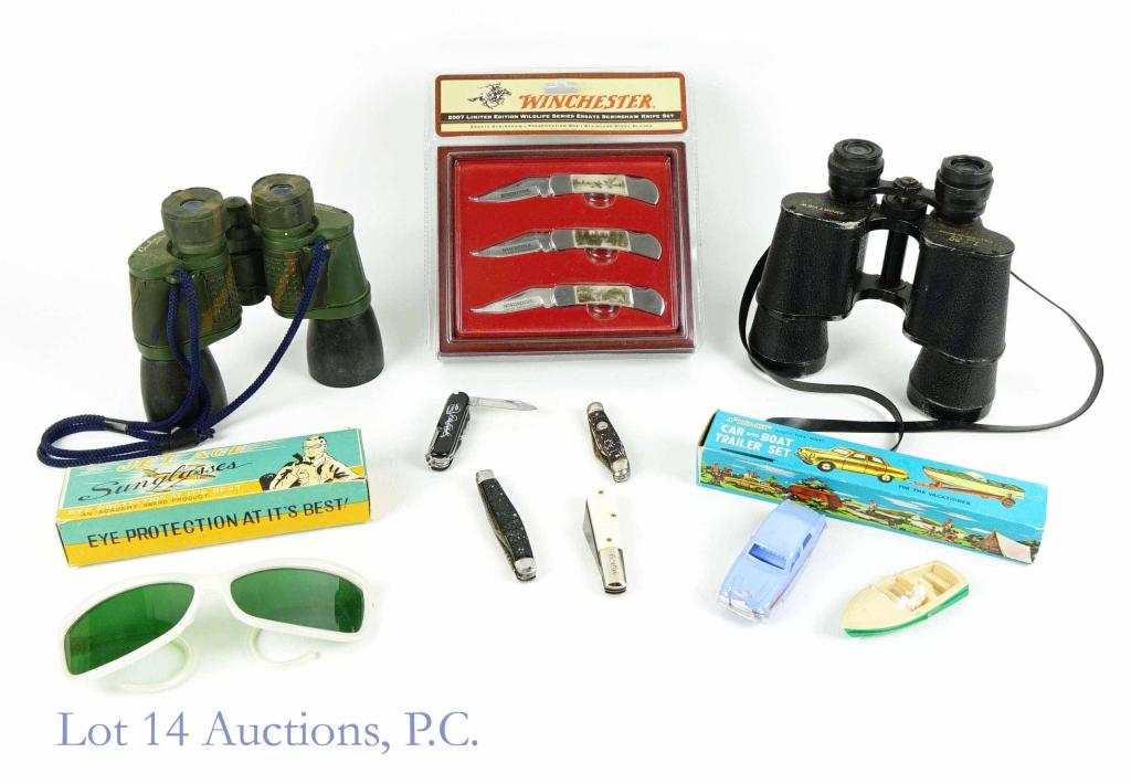 Uncle Rico's Chest Drawer (Various Items): Uncle Rico's Chest Drawer (Various Items). Includes (2) pairs of binoculars (Bushnell & Binolux). Also includes several pocket knives (Winchester, Goodwine & More) and a pair of Jet Age Sunglasses. (C