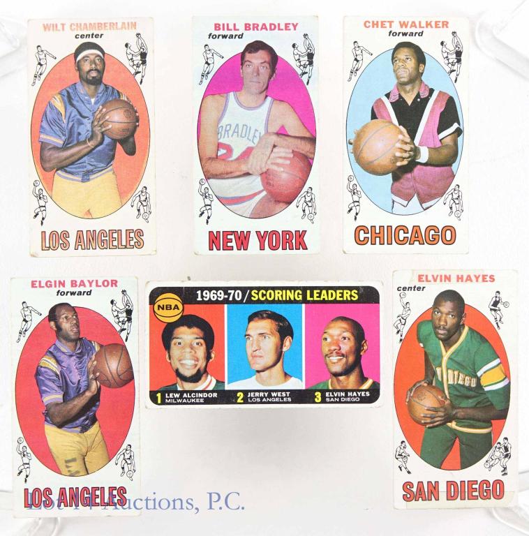 1969-70 Topps Wilt Chamberlain (+ More) NBA Cards: 1969-70 Topps NBA basketball "tall boy" #1 - Wilt Chamberlain (Los Angeles Lakers). There are some corner condition issues, but the card is in great shape otherwise. This lot also includes 1969-70 Top