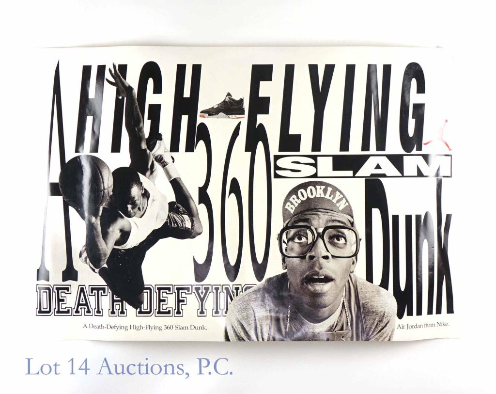 Michael Jordan / Spike Lee Nike Air Jordan Poster: Michael Jordan is joined by Spike Lee (playing Mars Blackmon) in this 36 x 24" poster in the marketing campaign that catapulted the Nike Air Jordan to its still pre-eminent place among fashionable tee