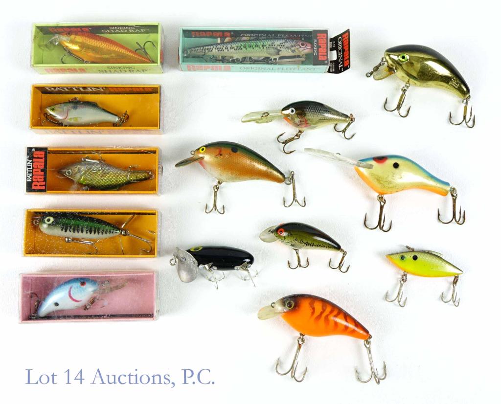 Vintage Fishing Lures (Rapala & More) (10+): Vintage Fishing Lures (Rapala & More) (10+). Features various brands and types of lures.