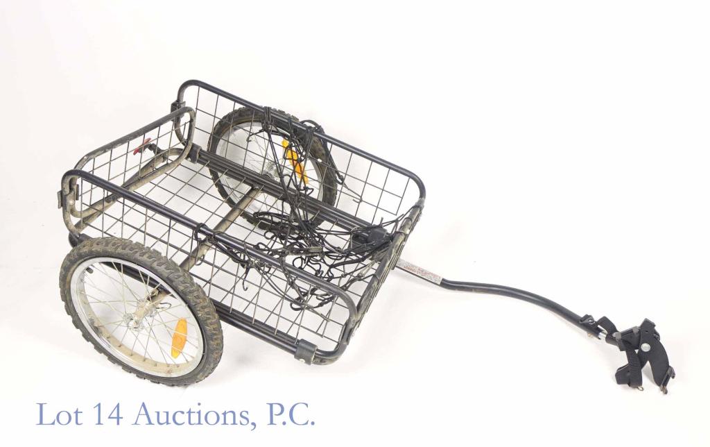 2-Wheel Open-Cage Bike Trailer: 2-Wheel open-cage style bicycle trailer. 28" wheel to wheel. 17-1/2 x 25-1/2 x 8" inner cage dimension. Excellent for carrying groceries and cargo, but we might advise against carrying living organism
