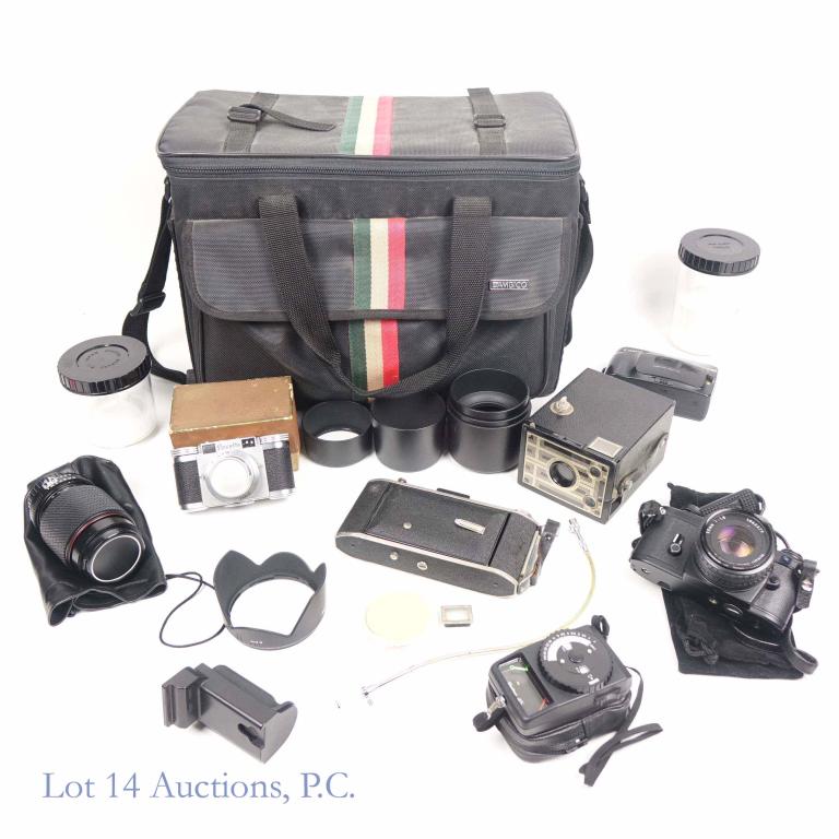Nikon, Agfa, Kodak, Canon, Braun Cameras (5): Nikon EM 35mm Camera with Nikon 50mm Lens & Romor 52mm Lens Filter, Canon Snappy TX Macro 35mm/PNS Camera, with manual (Some chipping, some grease), Antique Bellows Agfa Ansco Read Set Special Camera,