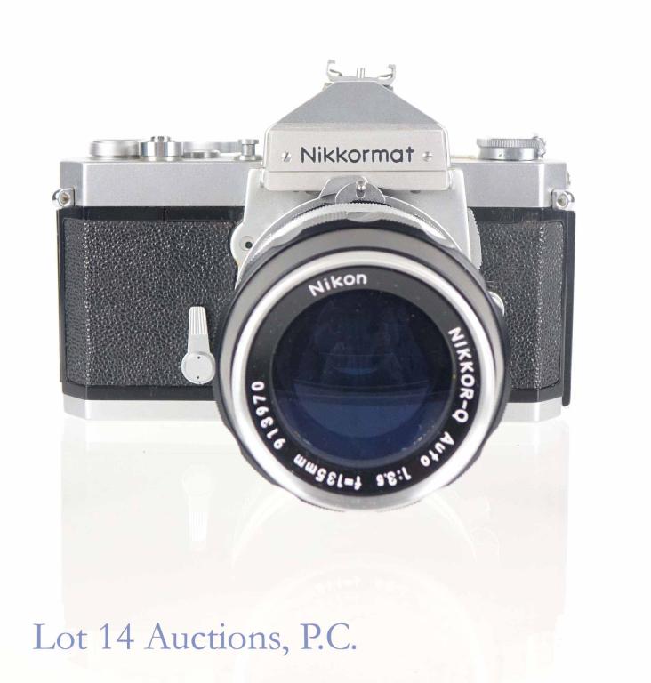 Nikon Nikkormat 35mm Camera & Nikon Lens: With Nikon Nikkor-Q Auto 135mm 1:3.5 Lens. Small battery corrosion