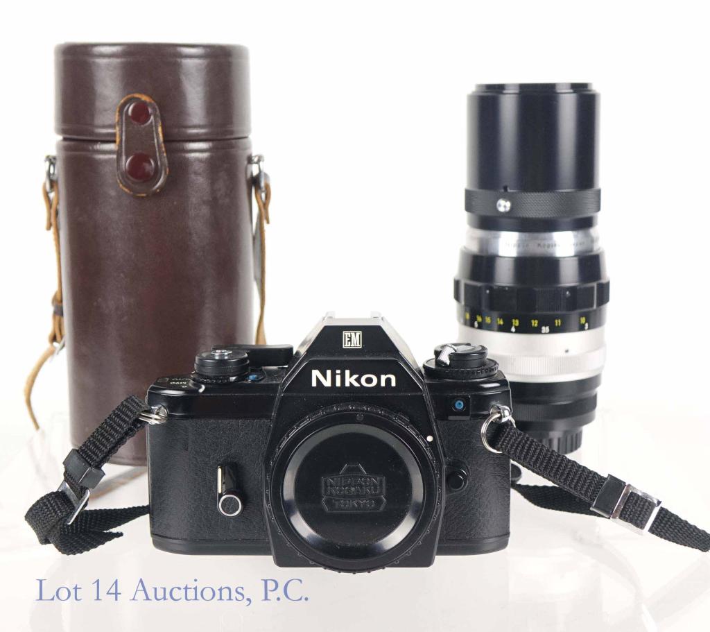 Nikon EM 35mm Camera & Nikkor Lens: Includes Nikkor-Q Auto 200mm 1:4 Lens in Brown Leather Casing