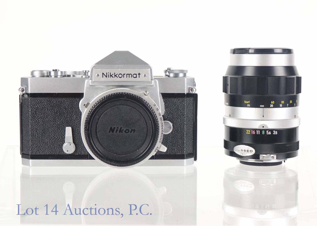 Nikon Nikkormat FT 35mm Camera & Nikkor Lens: With Nikkor-Q Auto 135mm 1:3.5 Lens. Slightly Wobbly Lens Cover on Camera