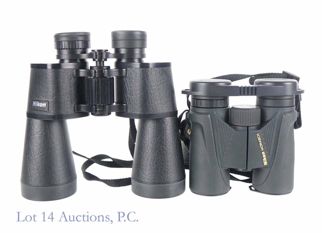 Nikon Binoculars (2): (2) Nikon binoculars: Lookout II 10 x 50 FOV 6 degrees *** Monarch 8 x 36, FOV 7 degrees, waterproof. Both binoculars have their original cases, in excellent condition. Nikon 10 x 50 Lookout II binocu