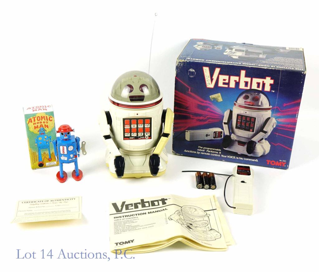 1984 TOMY Verbot Voice Controlled Robot: Vintage 1984 TOMY Verbot Voice Controlled Robot. Comes with the original box and manual. Product No. 5401. Also comes with a 1997 Atomic Robot Man toy.