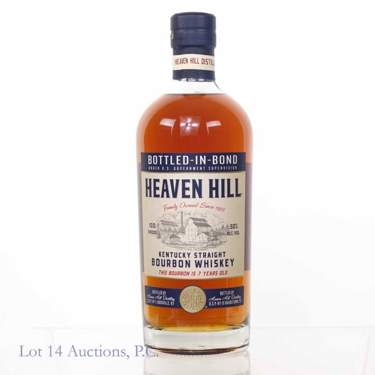 Heaven Hill Bourbon Whiskey (BiB): ** IF YOU NEED SHIPPING ON BOTTLES OR DECANTERS PLEASE CALL US BEFORE BIDDING! 847-625-0555! ** Heaven Hill Kentucky straight bourbon whiskey. 7 years. Bottled-in-Bond (100 proof). 750 ml. Full & seal