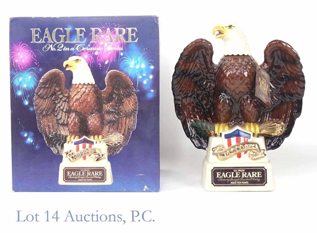 1980 Eagle Rare 10 Year Freedom Eagle Decanter: ** IF YOU NEED SHIPPING ON BOTTLES OR DECANTERS PLEASE CALL US BEFORE BIDDING! 847-625-0555! ** 1980 Eagle Rare Kentucky straight bourbon whiskey, 10 years. 101 proof. 750 ml. Tax strip is broken, but