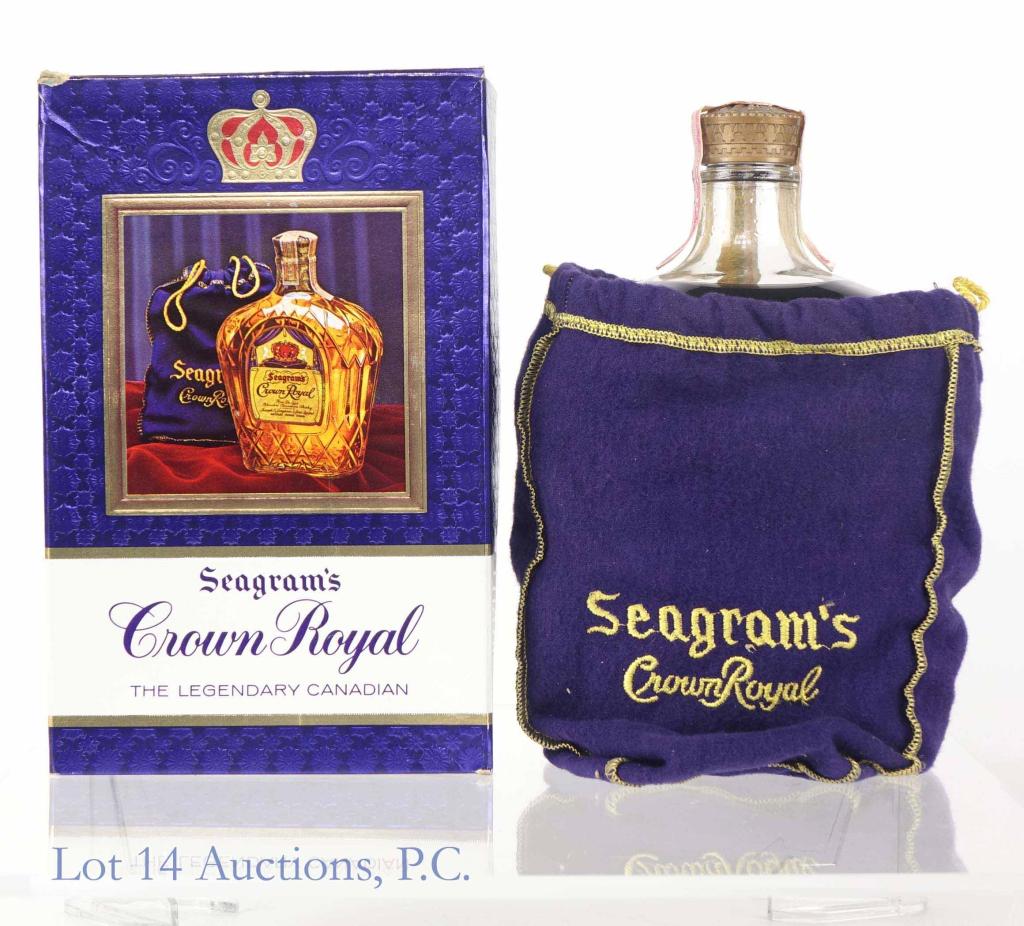 1968 Crown Royal Canadian Whisky (Quart): ** IF YOU NEED SHIPPING ON BOTTLES OR DECANTERS PLEASE CALL US BEFORE BIDDING! 847-625-0555! ** 1968 Crown Royal blended Canadian whisky. 80 proof. 1 quart. Full & sealed. Comes with box (some damage)