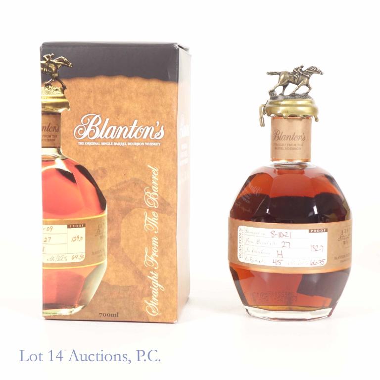 Blanton's Straight From the Barrel Bourbon: ** IF YOU NEED SHIPPING ON BOTTLES OR DECANTERS PLEASE CALL US BEFORE BIDDING! 847-625-0555! ** Blanton's Kentucky straight bourbon whiskey - "Straight from the Barrel". 132.7 proof. 700 ml. Full & se