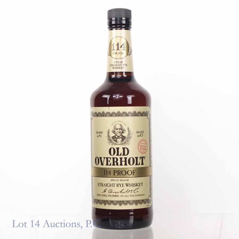 Old Overholt Spec. Release Rye Whiskey (114 Proof): ** IF YOU NEED SHIPPING ON BOTTLES OR DECANTERS PLEASE CALL US BEFORE BIDDING! 847-625-0555! ** Old Overholt Special Release (Ohio release) straight rye whiskey. 114 proof. 750 ml. Non-chill filtered.