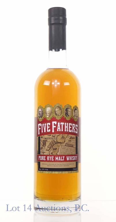 Five Fathers Pure Rye Malt Whiskey: ** IF YOU NEED SHIPPING ON BOTTLES OR DECANTERS PLEASE CALL US BEFORE BIDDING! 847-625-0555! ** Five Fathers pure rye malt whiskey. 24 months. 110 proof. 750 ml. Full & sealed. Barrel ISC53G-45. Bottl
