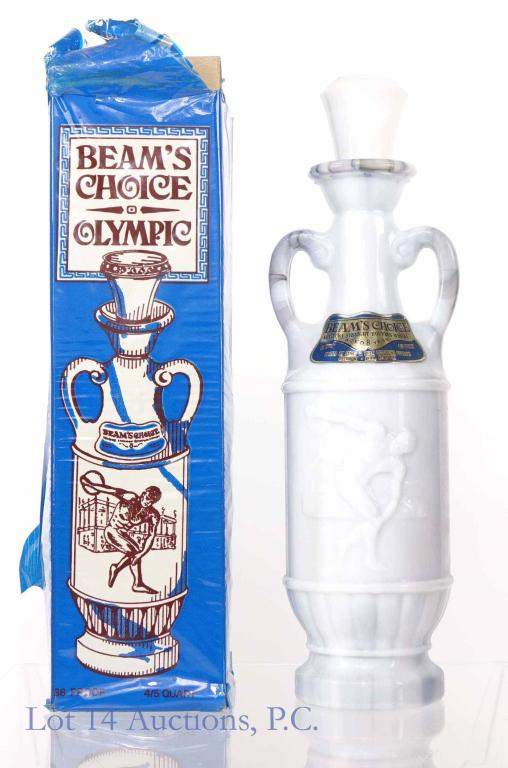 Beam's Choice Olympic Milk Glass Decanter: ** IF YOU NEED SHIPPING ON BOTTLES OR DECANTERS PLEASE CALL US BEFORE BIDDING! 847-625-0555! ** Beam's Choice Kentucky straight bourbon whiskey. 8 years. 86 proof. 4/5 quart. Full & sealed. In origina