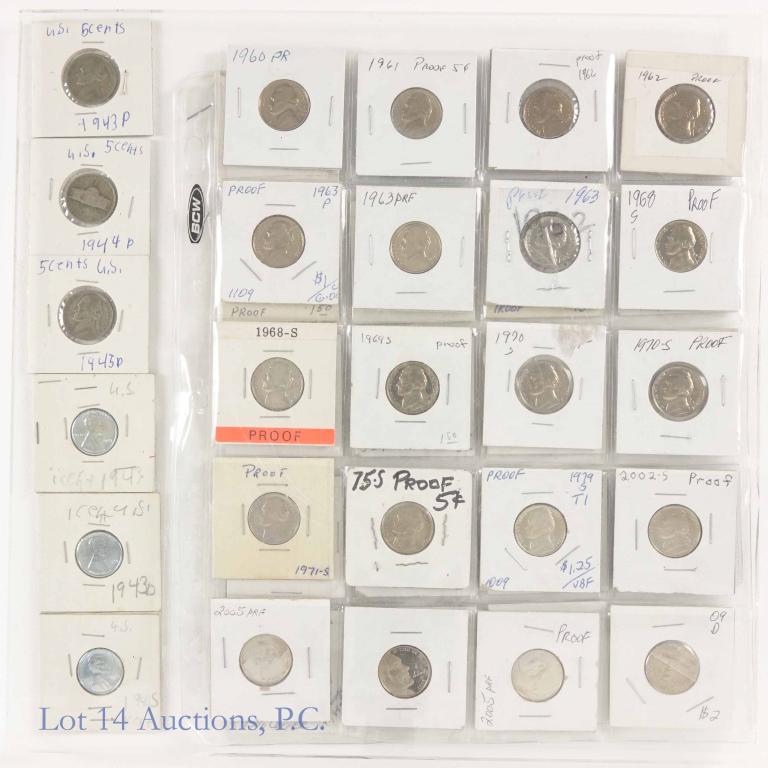 Eclectic U.S. Proof and Other Coins: (19) proof Jefferson nickels (1960 - 2005) *** 2009-d Jefferson nickel *** (16) proof Lincoln cents (1962 - 2008-s) *** 2009-d (x2) & 2015-d Lincoln cents (may be uncirculated) *** 1943, 1943-d, 1943-
