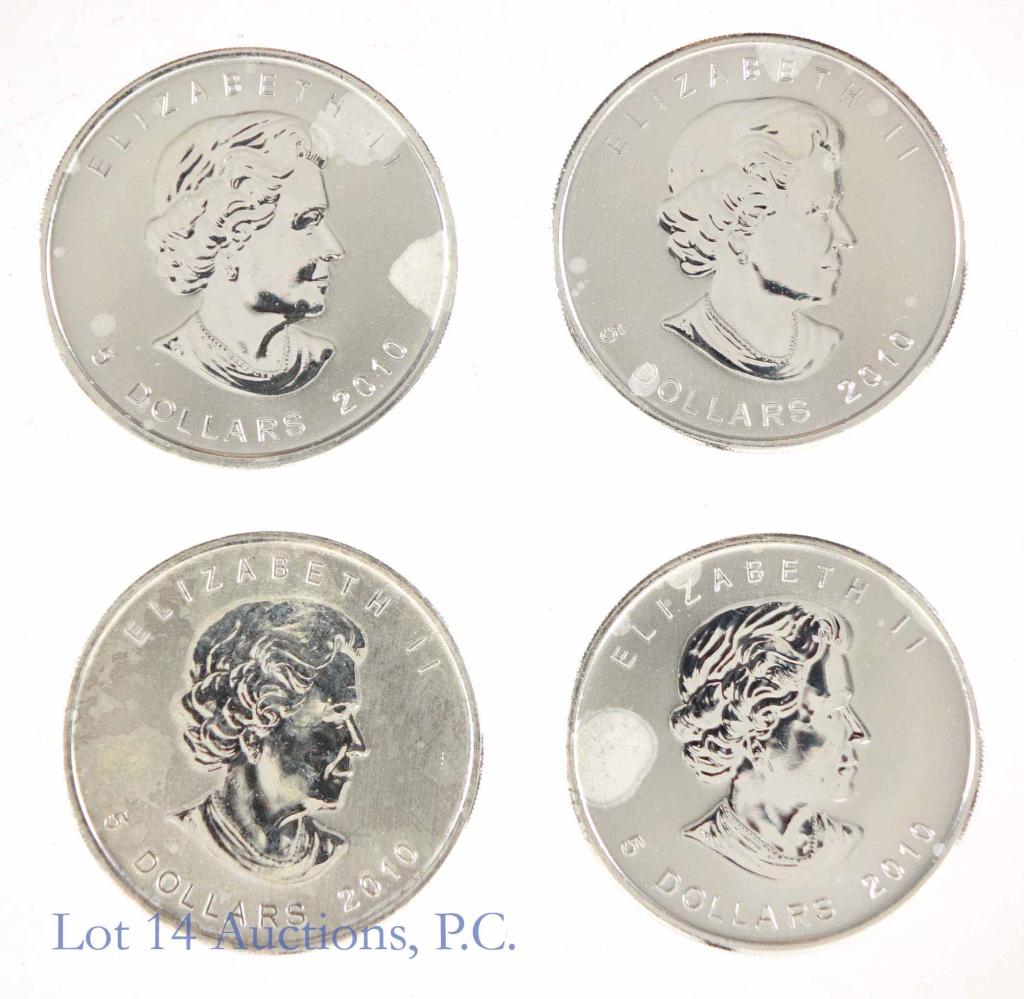 2010 Canada $5 Silver Maple Leaf Bullion Coins (4): (4) 2010 Canadian $5 silver Maple Leaf bullion coins. Each coin is 1 troy ounce of 0.9999 fine silver. Unfortunately, these coins have extensive milk spotting.