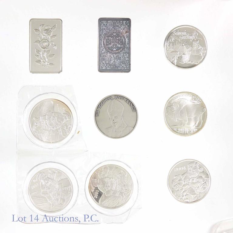 Holiday & Random Silver (9 ozt): (8) 1 troy ounce rounds / bars of 0.999 fine silver. One round, dated March 13, 2013 shows Pope Francis. One is a 2010 bison / Native American round dated 2010. The rest are various holiday rounds (on