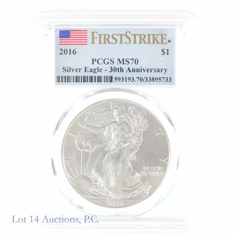 2016 Silver Eagle (PCGS MS70 First Strike): 2016 United States $1 Silver Eagle bullion coin. 1 troy ounce of 0.999 fine silver. Graded by PCGS as MS 70, and designated as First Strike, with the label noting this as the 30th anniversary.