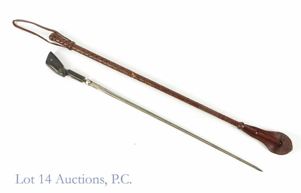 Leather Camel Riding Crop w/ Hidden Prieur Dagger: Woven Leather riding crop with carved wooden figural head. This head also serves as the handle for an 18" long tri-blade dagger, marked "Prieur Paris". The crop is overall in great shape with a few sm