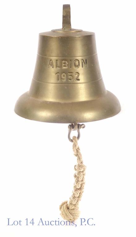 Ship's Brass Bell "Albion 1952": Brass bell, marked "Albion 1952". Great sound. 7" tall, 7.75" diameter at bottom. Rope in sailors' knots. Albion is an alternative name for Great Britain. 7lb., 11oz., including clapper and rope. (Tes