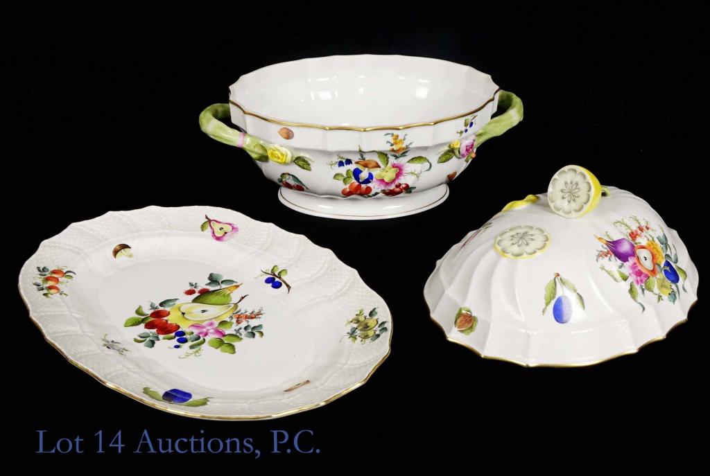 Herend Fruits & Flowers Oval Tureen, Lid & Platter: 3 Pieces - Tureen, Platter & Lid. Hand painted, perfect condition - no chips, cracks, crazing or repairs. #1014. With lemon finial. Rare to find platter and no birds! 15" wide x 9-1/4" deep x 10-1/2"