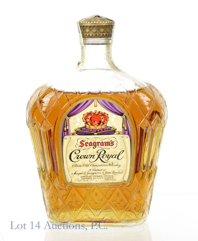Crown Royal Whisky (Ontario Liquor Control Strip): *** IF YOU MAY NEED SHIPPING, PLEASE CALL US BEFORE BIDDING ON BOTTLES! 847-625-0555. *** Crown Royal rare old Canadian whisky. 25 fluid ounces. Full, and sealed with a strip from the Liquor Control B