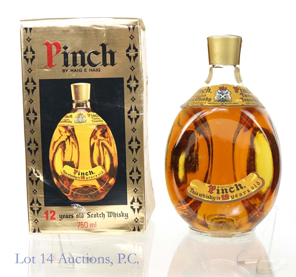 Haig & Haig Pinch Scotch Whisky: *** IF YOU MAY NEED SHIPPING, PLEASE CALL US BEFORE BIDDING ON BOTTLES! 847-625-0555. *** Haig & Haig Pinch Scotch Whisky. 12 years. 86 proof. 750 ml (25.4 fluid ounces). Full & sealed. Comes in origi