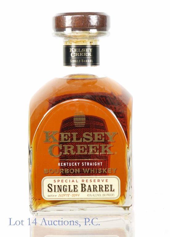 Kelsey Creek Single Barrel Spcl Res. Bourbon: *** IF YOU MAY NEED SHIPPING, PLEASE CALL US BEFORE BIDDING ON BOTTLES! 847-625-0555. *** Kelsey Creek Kentucky straight bourbon whiskey. Special Reserve Single Barrel. Batch # 260978-0094. 90 proof.