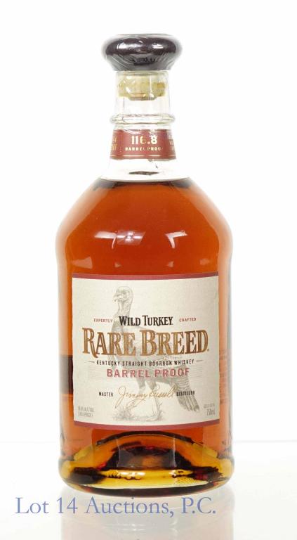 Wild Turkey Rare Breed Barrel Proof Bourbon: *** IF YOU MAY NEED SHIPPING, PLEASE CALL US BEFORE BIDDING ON BOTTLES! 847-625-0555. *** Wild Turkey Rare Breed Barrel Proof Kentucky Straight Bourbon Whiskey. 116.8 proof. 750ml. Sealed & full. Lase