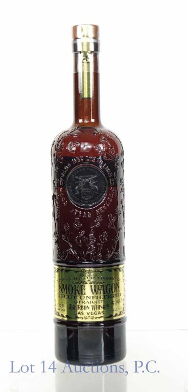 Smoke Wagon Uncut Unfiltered Straight Bourbon: *** IF YOU MAY NEED SHIPPING, PLEASE CALL US BEFORE BIDDING ON BOTTLES! 847-625-0555. *** Smoke Wagon Uncut Unfiltered Straight Bourbon Whiskey. Nevada H & C Distilling Co. 2021. Batch No. 44. 57.4 AL