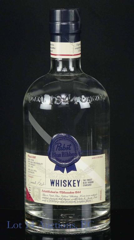 Pabst Blue Ribbon Whiskey: *** IF YOU MAY NEED SHIPPING, PLEASE CALL US BEFORE BIDDING ON BOTTLES! 847-625-0555. *** Pabst Blue Ribbon Whiskey. Aged 5 seconds. 80 proof. 750ml. Sealed & full.
