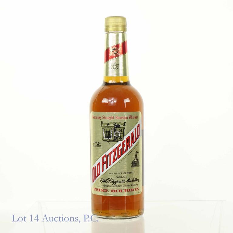 Old Fitzgerald Prime Bourbon Whiskey: *** IF YOU MAY NEED SHIPPING, PLEASE CALL US BEFORE BIDDING ON BOTTLES! 847-625-0555. *** Old Fitzgerald Prime Bourbon. Original Sour Mash Kentucky Straight Bourbon Whiskey. Aged 36 months. 80 proof.