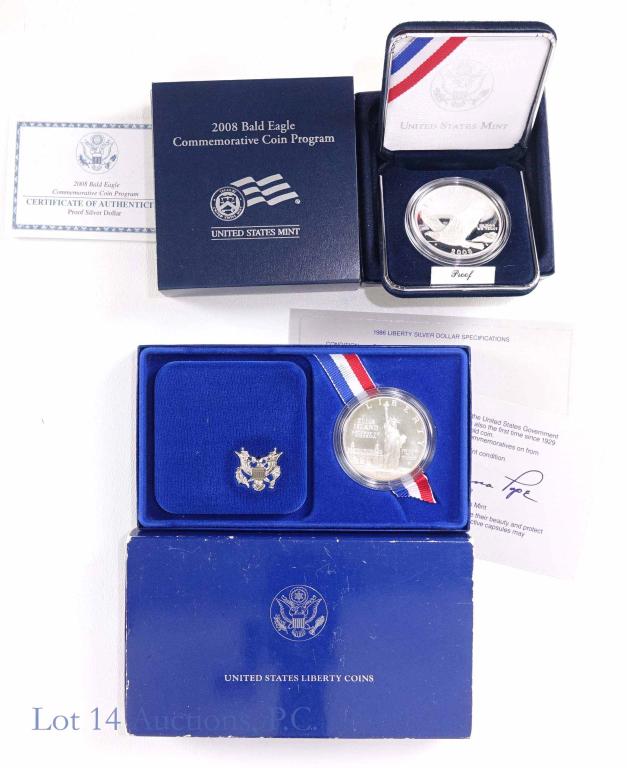 1986-s Liberty & 2008-p Bald Eagle Proof Silver: 1986-s Statue of Liberty centennial commemorative proof silver dollar. 90% silver. Comes in original US Mint flip box, outer box, and sleeve with COA. *** 2008-p Bald Eagle commemorative proof silver 
