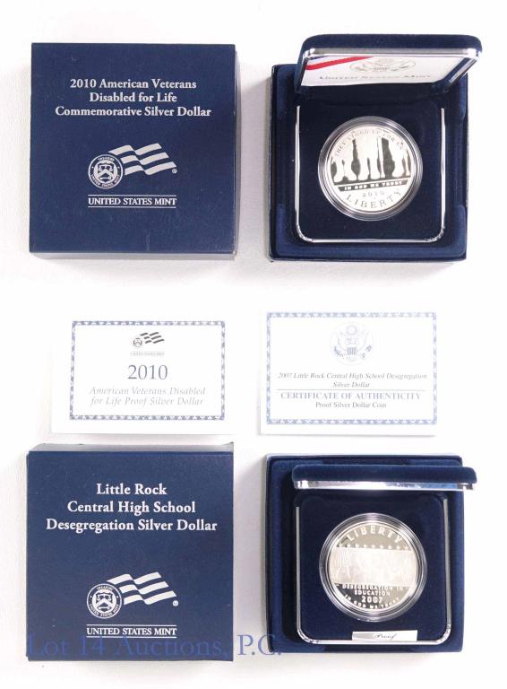 2007-p Little Rock & 2010-w Disabled Vets Silver: 2007- Little Rock Central High School Desegregation commemorative proof silver dollar. 90% silver. Comes in US Mint flip box, outer box, and sleeve with COA. *** 2010-w American Veterans Disabled for 