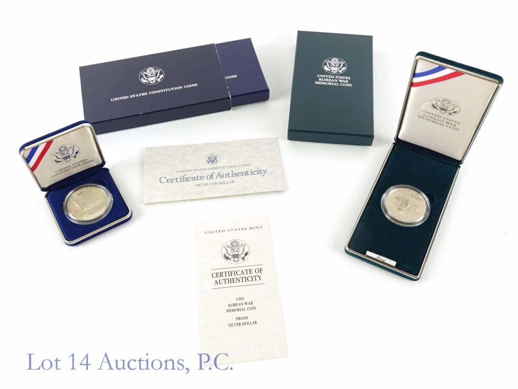 Constitution & Korean Mem. Silver Proof Dollars: 1987-s United States Constitution proof silver dollar. 90% silver. Comes with flip box, outer box, sleeve, and COA. *** 1991-p Korean War Memorial proof silver dollar. Comes with flip box, outer box, 