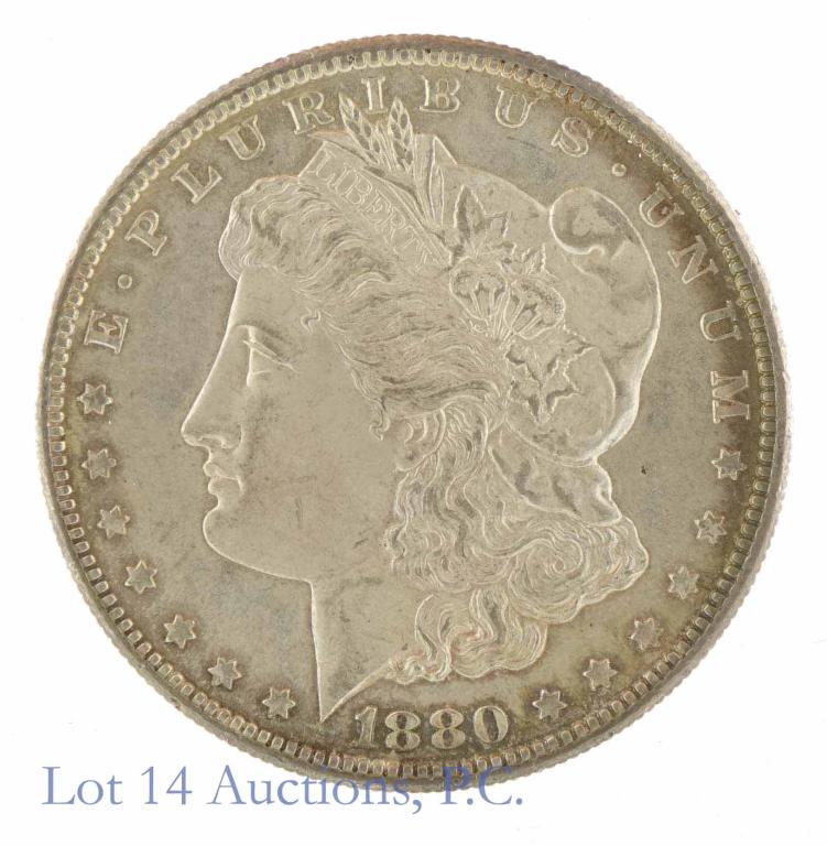 1880-s Morgan Silver Dollar (Ch BU w/ Toning): 1880-s Morgan dollar (San Francisco Mint). 90% silver. Per consigner, choice brilliant uncirculated with subtle toning, particularly on obverse. *** Please note: we at Lot 14 Auctions are not professi