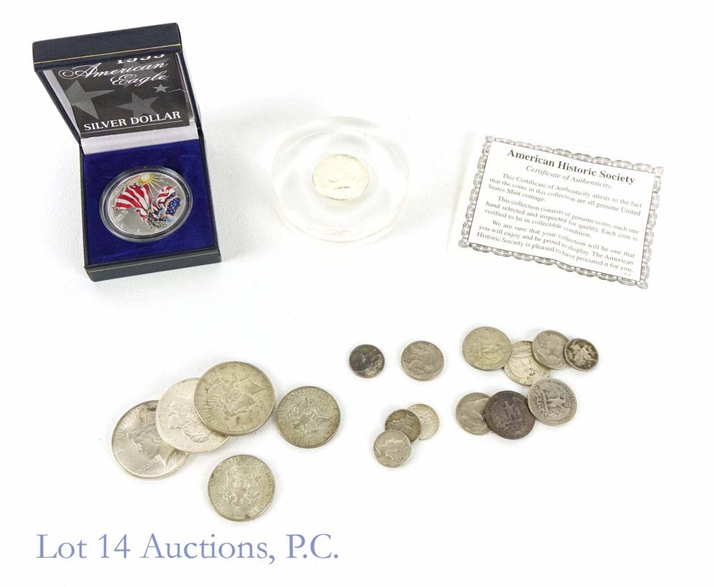 U.S. Silver Coins (Some Non-Silver, Too): 1999 United States $1 American Eagle bullion coin (painted / decalled). 1 troy ounce of 0.999 fine silver. *** 1921 Morgan dollar (90% silver, Philadelphia Mint, per consigner, BU) *** 1923 Peace doll