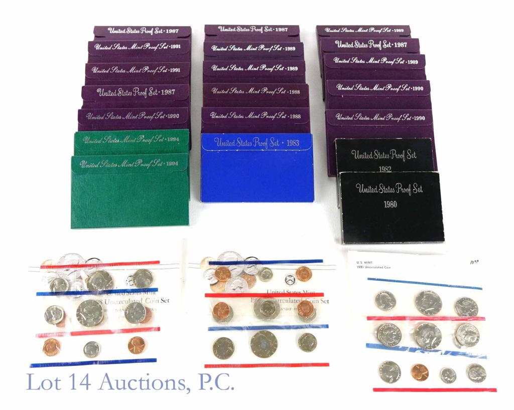 Proof Sets (20) & Uncirculated Mint Sets (3): (13) United States proof sets: 1980, 1982, 1983, 1987 (x4), 1988 (x2), 1989 (x4), 1990 (x3), 1991 (x2), 1994 (x2) *** (3) United States uncirculated P & D Mint sets: 1981, 1988 (X2). Come in their ori