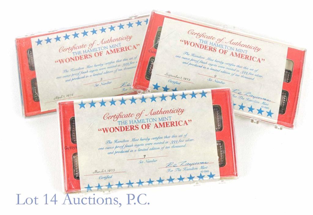 Fine Silver Bullion (15 Troy Ounces): 15 troy ounces of 0.999 fine silver. These (15) 1-troy ounce bars are all part of the Hamilton Mint "Wonders of America" series produced 1973-74. Specifically, these are sets 3, 7, and 9. All three se