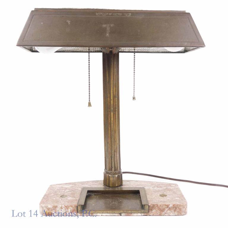 Art Deco Bronze & Marble Desk Lamp: Art Deco style Vintage marble and bronze desk lamp. 2 bulb lamp, works, with 2 pull chains. 2 holes in base may have been for pen / pencil set. 16.5" tall, 5.75" deep (base), 12" wide base. Top of lam