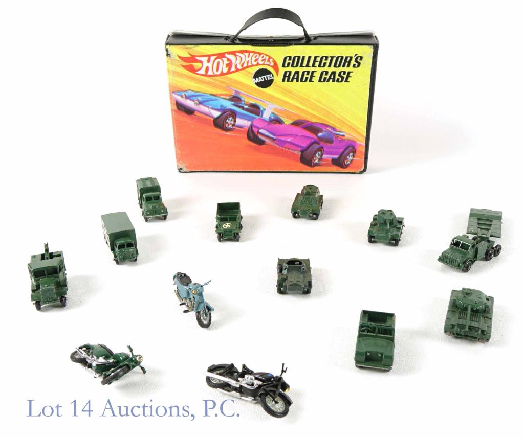 1969 Hot Wheels Case + Die-cast Army Toy Vehicles: 1969 Hot Wheels empty collector's race case. Fair condition, some damage on corners. 10 Lesney die-cast army cars and tanks and 3 Motorcycles, fair condition, some small damage.
