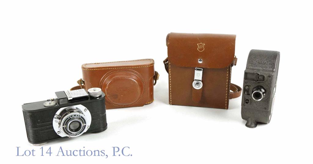 B & H Filmo Sportster & Argus A2F Cameras: Bell & Howell 12.5 mm Filmo Sportster Double Run Eight movie camera. Camera sounds like it works. *** Argus A2F "Art Deco" 35 mm still camera. Built between 1939 and 1941.