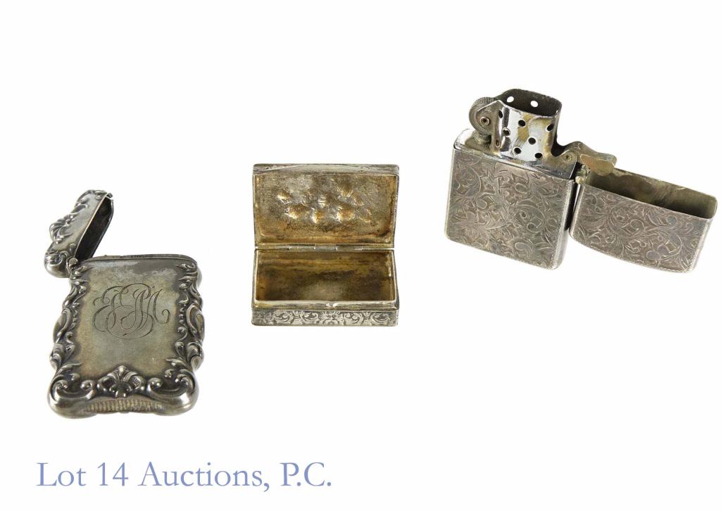 Sterling Silver Zippo Case, Match Case, Pill Box: Sterling Silver Vintage Zippo Lighter Case, Match Case, Pill Box. Zippo case weight 26.6 grams. Match case weight 26.6 grams. Pillbox weighs 27.30 grams.