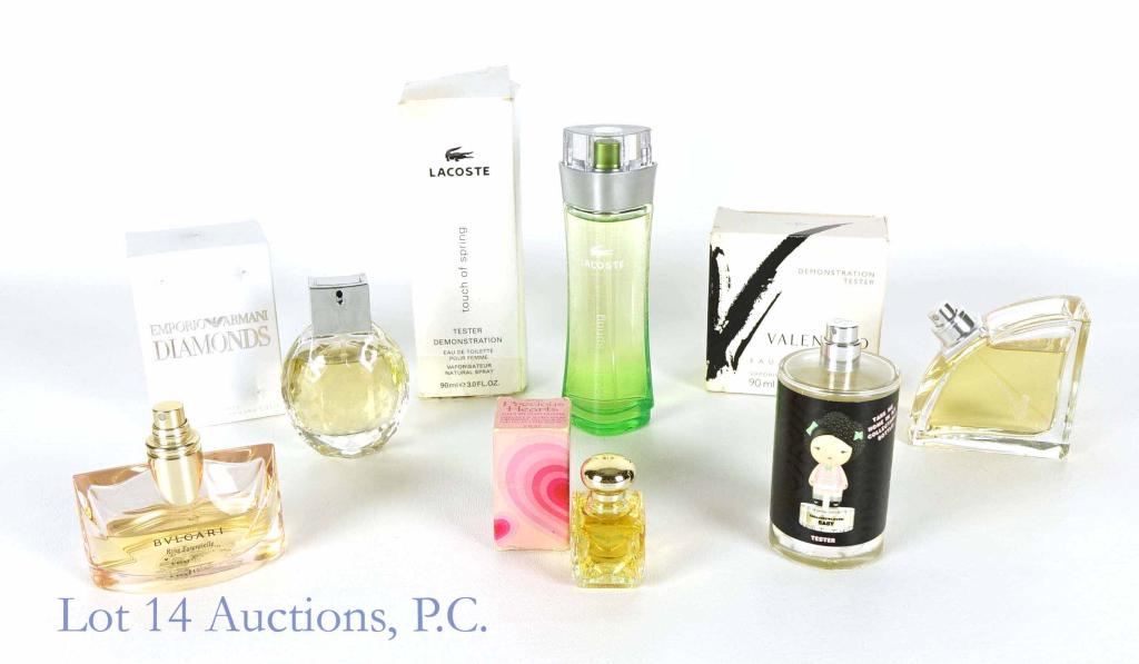 Lacoste, Bulgari, Valentino, Armani, +++ Perfumes: Lacoste Touch of Spring 3 oz., in box (full, Tester spray); Emporio Armani Diamonds 1.7oz, in box (good fill); Valentino Eau de Parfum 3 oz., in box - (Demonstration / Tester, nearly full); Bulgari -