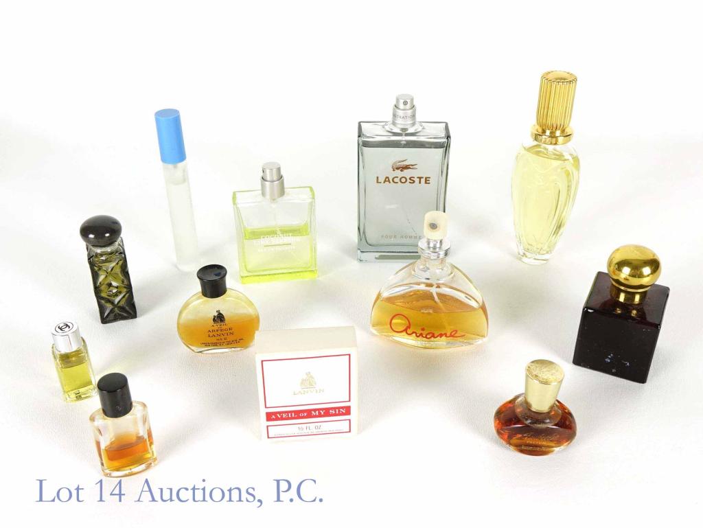 Lacoste, Ariane, Ninja, Lanvin... 12 Perfumes: Lacoste Men's 3.3oz demonstrator bottle; Coconut Lime Verbena Eau de Toilette, 1.7oz, over half full; Ralph Lauren Cologne 2oz., quarter full; Ariane Ultra spray, 1.8oz., two thirds full; Escada Eau d
