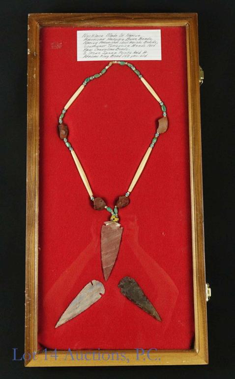 Native American Hair pipe Bone Bead Necklace: 150 year old necklace crafted of Native American Hair pipe Bone beads, Native American Heishi beads, Southwest turquoise beads, and Raw Carnelian beads, includes 3 stone spear points and an African Ki
