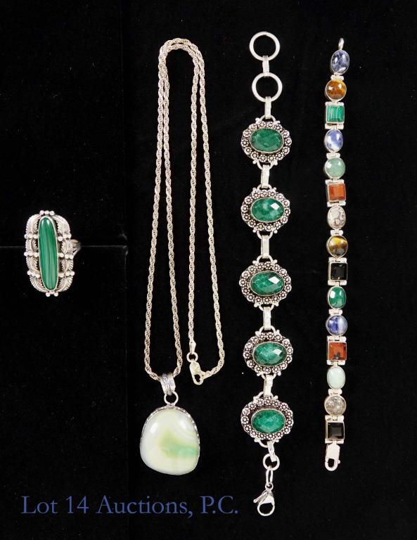 Sterling Silver and Gemstone Jewelry Set: Sterling silver (925 marking) and gemstone set. Includes 2 bracelets (1 with malachite stone, 1 with varied gemstones), 1 ring (malachite stone), 1 necklace (jade stone). Total weight: 88gr.