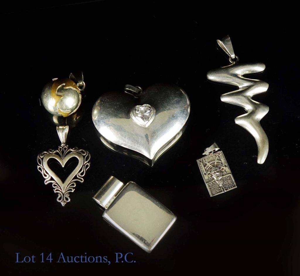 Sterling Silver Pendants (6): Set of 6 Sterling Silver Pendants. 2 hearts (one with rhinestone). 1 sphere with dolphins detail. Two modern minimalist designs. Total weight: 70.05 grams.
