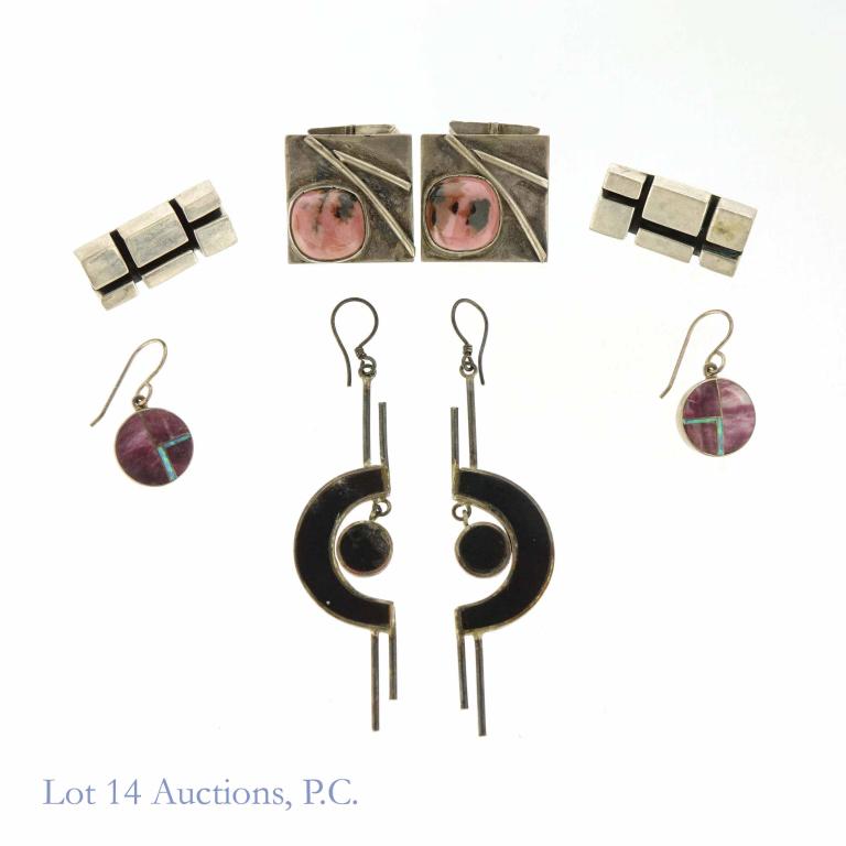 Sterling Silver Geometric Earrings (4 pairs): Sterling Silver Modern Geometric Earrings (4 pairs). 1 pair long with black stone (2.75 x .75"). 1 pair rectangular 1.25x.5in. 1 pair square with gemstone (Rhodonite) 1 x 1". (1) pair circular with pu